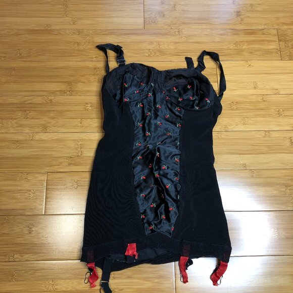 Vintage Pinup Black w/ Red Roses Longline Bustier Garters Bodysuit XS Bettie - Picture 2 of 10